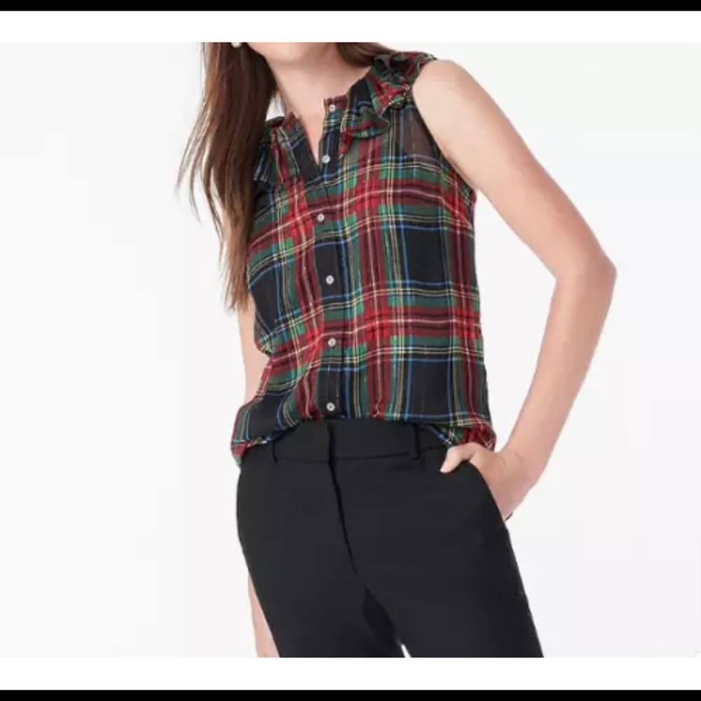 New J.Crew Sleeveless Ruffle Tartan Holiday Blouse Shirt XS 0 2